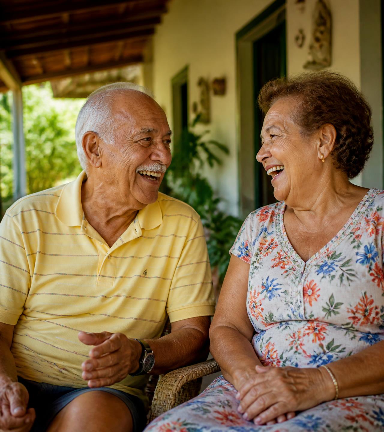 Casal de idosos conversando e sorrindo na varanda de casa